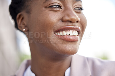 Buy stock photo Smile, thinking and business woman in a city or urban town feeling excited, happy and motivation to work or job. Opportunity, idea and closeup face of female professional employee or corporate worker