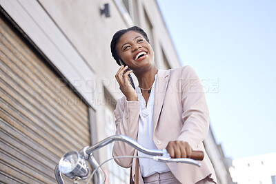 Buy stock photo Phone call, happy and black woman employee on bicycle to commute or travel to work talking to a at contact. Street, city and young worker laughing speaking on mobile conversation in an urban town