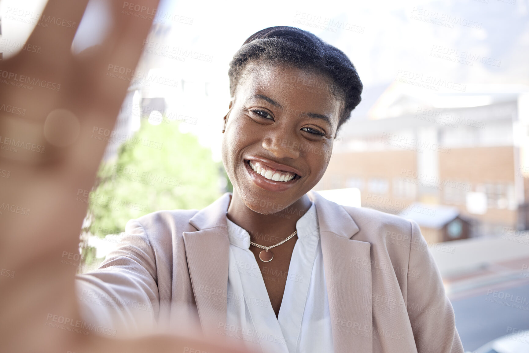 Buy stock photo Happy black woman, selfie and city for photograph, memory or online outdoor vlog. Face portrait of African female person or employee smile in happiness for urban travel, photo or social media picture