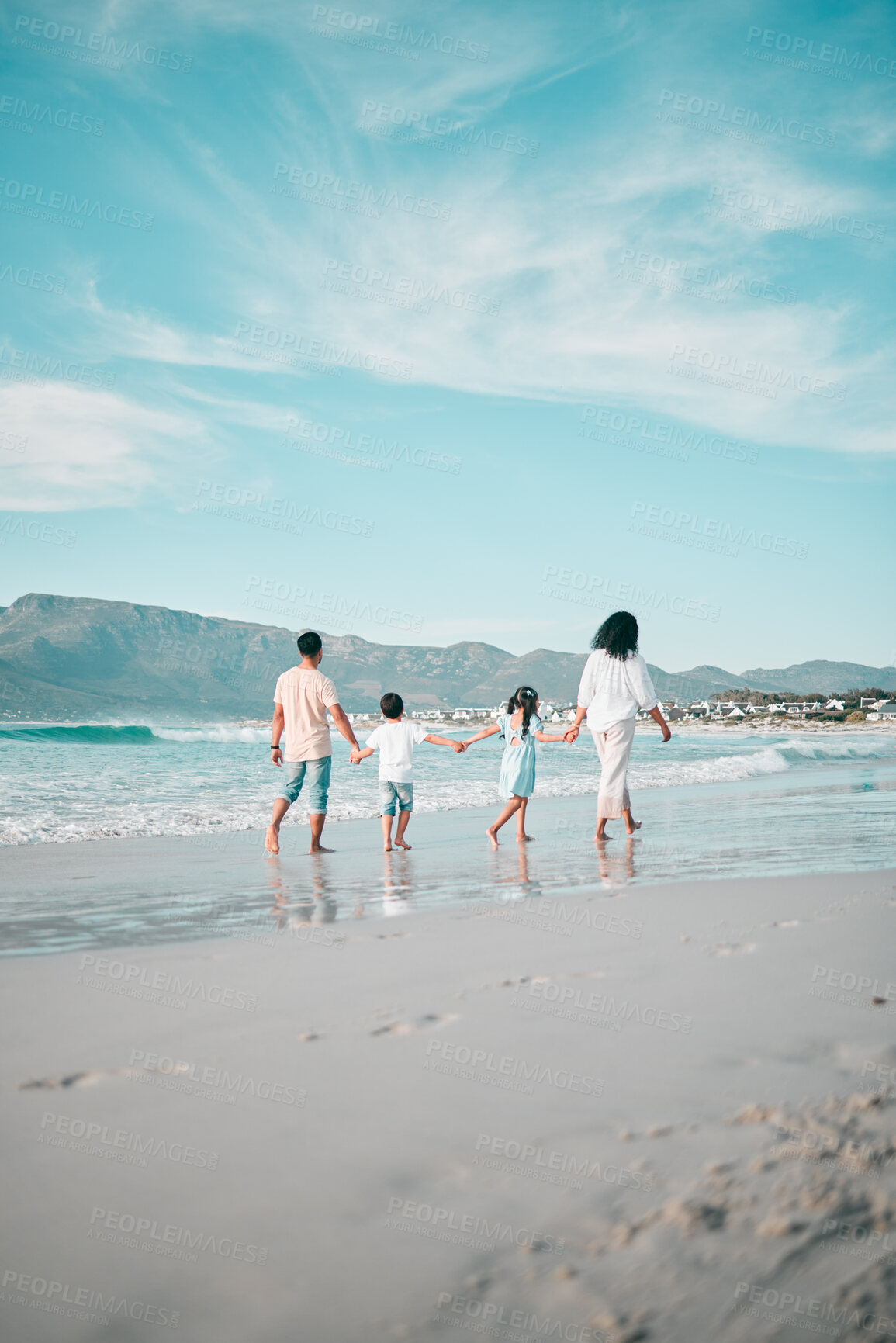 Buy stock photo Family is walking on beach, hand holding and back view, ocean and bonding on holiday, freedom and travel. Parents, young children and solidarity on tropical vacation in Mexico, love and care outdoor