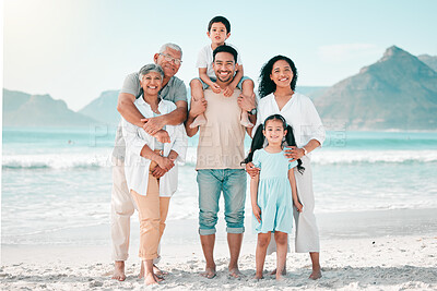 Buy stock photo Grandparents, parents or portrait of happy kids at beach as a big family for holiday vacation travel. Grandfather, grandmother or mom with dad or children siblings in nature at sea bonding together