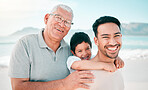 Grandfather, dad or portrait of child at beach with a happy family for holiday vacation or weekend travel. Piggyback, smile or grandparent with dad or child in nature at sea or ocean bonding together