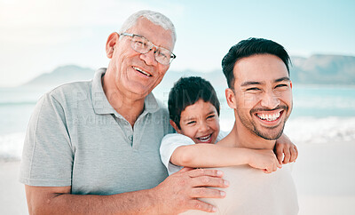 Buy stock photo Grandfather, dad or portrait of child at beach with a happy family for holiday vacation or weekend travel. Piggyback, smile or grandparent with dad or child in nature at sea or ocean bonding together