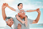 Beach, family and child on grandfather shoulder with grandmother outdoor, love and bond on holiday. Summer, happiness and people in nature, tropical vacation in Mexico with old man, woman and boy kid