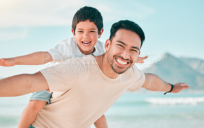 Buy stock photo Airplane, portrait and father with boy child at a beach with freedom, fun and bonding in nature. Flying, love and face of parent with kid at the ocean for travel, playing and piggyback games in Bali