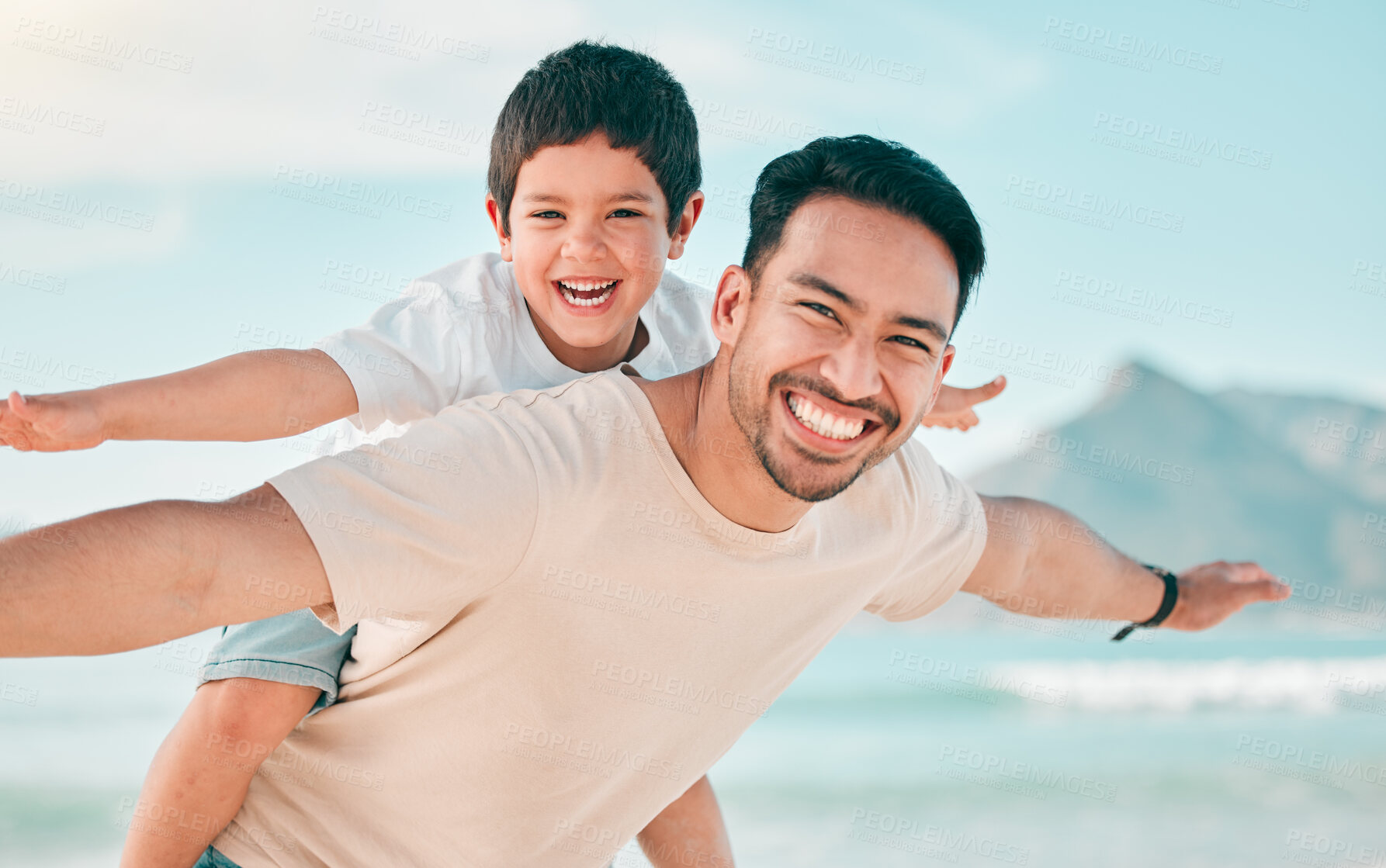 Buy stock photo Airplane, portrait and father with boy child at a beach with freedom, fun and bonding in nature. Flying, love and face of parent with kid at the ocean for travel, playing and piggyback games in Bali