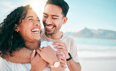 Buy stock photo Love, happy and travel with couple on beach for lens flare, summer and vacation together. Peace, smile and relax with man and woman hugging on date for seaside holiday, care and mockup space