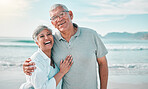 Happy, hug or portrait of old couple on beach with love, care or support on summer vacation holiday in nature. Retirement, mature man or senior woman at sea or ocean to travel on holiday together