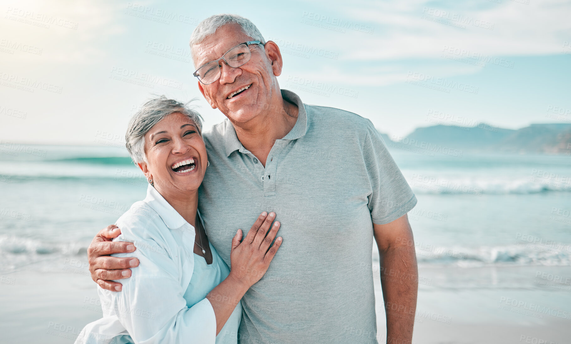 Buy stock photo Happy, hug or portrait of old couple on beach with love, care or support on summer vacation holiday in nature. Retirement, mature man or senior woman at sea or ocean to travel on holiday together