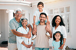 Happy, smile and portrait of big family outdoor in the backyard of their modern house. Happiness, excited and children bonding and posing with their grandparents and parents in a garden by their home