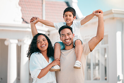 Buy stock photo Happy, love and portrait of a family in the backyard for outdoor fresh air by their modern house. Happiness, smile and boy child bonding and posing with his parents in the garden by their home.