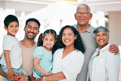 Buy stock photo Happy, excited and portrait of big family together in the backyard of their modern house. Happiness, smile and children bonding and posing with their grandparents and parents in garden by their home.