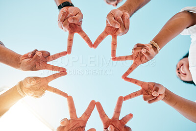 Buy stock photo Star, hands and business people with peace sign on sky background for teamwork, solidarity or commitment from blow. V, sign and team with emoji shape in collaboration, partnership or goal motivation