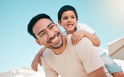 Buy stock photo Happy, smile and piggyback with father and son in backyard for playful, support and airplane. Happiness, relax and love with man and child at family home for care, excited and games together