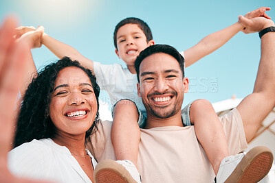 Buy stock photo Selfie, happy family and airplane fun outdoor for bonding, play and having fun in backyard together. Love, portrait and boy child with parents outside for photo, weekend or piggyback game with smile