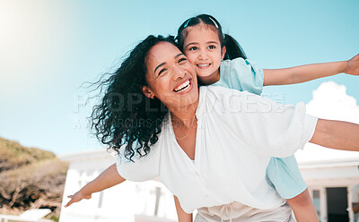 Buy stock photo Happy, plane and piggyback with mother and daughter in backyard for playful, support and smile. Happiness, relax and love with woman and child at family home for care, excited and games together