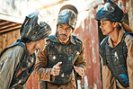 Paintball game, team strategy and man explain ideas, training challenge or battlefield conversation, plan or tactical survival. War mission, friends group and talking people listen to battle planning