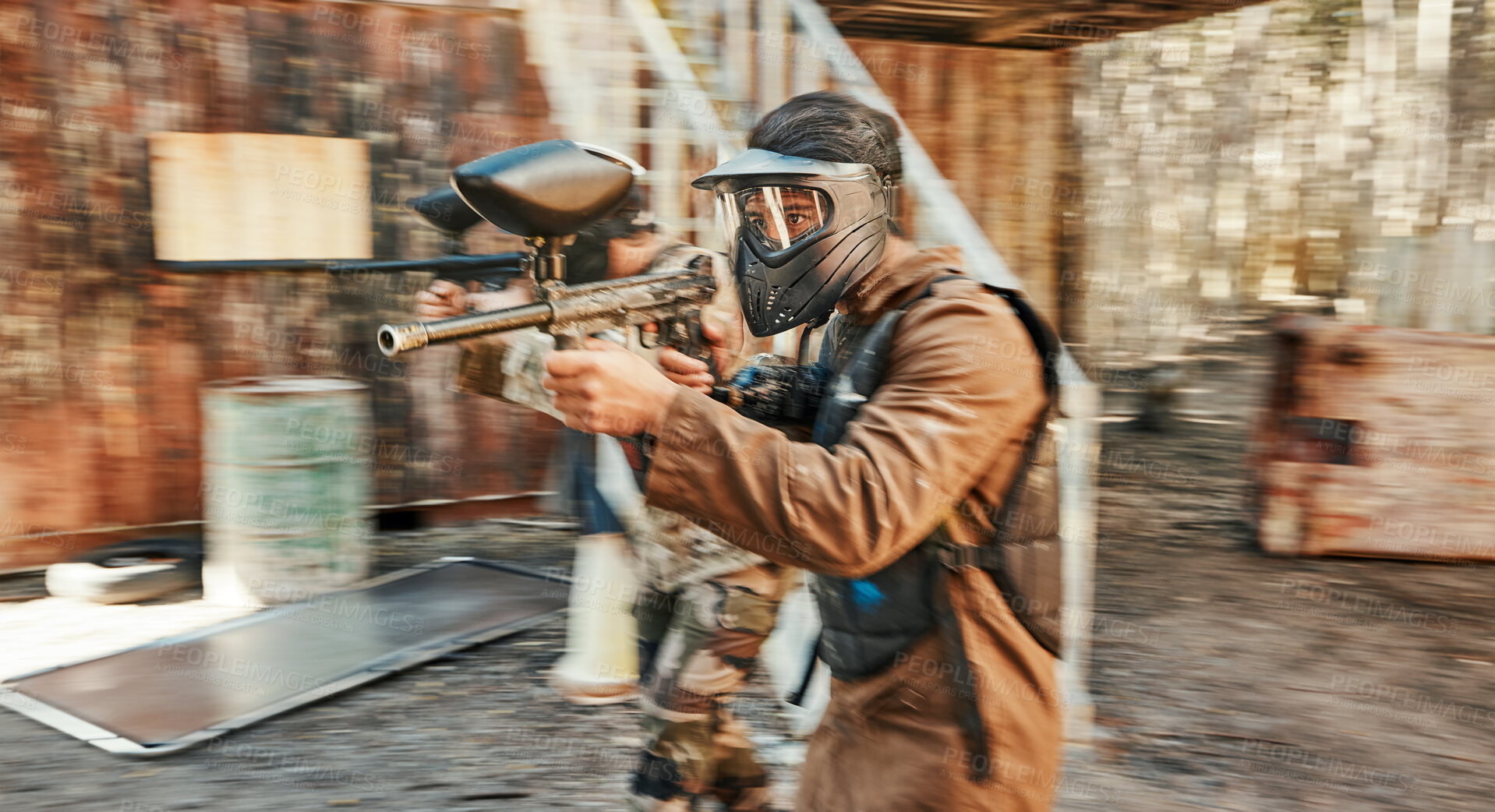 Buy stock photo Paintball, team and blur of men with gun for tournament, competition and battle for action. Sports, military and male people shooting in outdoor arena for training, adventure games and challenge