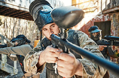 Buy stock photo Paintball team, gun and man aim, focus or shooting at target, competition or battlefield conflict, fight or mission. Military group, hobby game or male shooter point weapon in war, training or battle