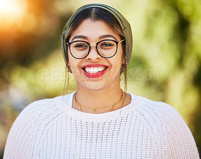 Buy stock photo Young woman, smile and happy portrait outdoor in nature with glasses and bright smile in summer. Fashion, style and gen z female model or student with a turban scarf, happiness and positive mindset