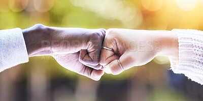 Buy stock photo Fist bump, diversity and hands of people in park for support, agreement and collaboration in nature. Friends, greeting and closeup of hand gesture for friendship, community and solidarity outdoors