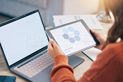 Buy stock photo Closeup, business plan and woman with technology, brainstorming and screen with ideas, development and startup. Female person, laptop and entrepreneur with a tablet, connection and company growth