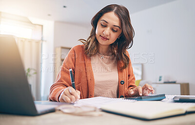 Buy stock photo Finance, writing and woman with calculator for budget, taxes report and accounting documents at home. Female person, notes and planning savings, investment money or administration for financial bills