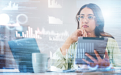 Buy stock photo Woman, thinking and overlay of data analytics, tablet and laptop for research in business management. Future technology, hologram with graphs and charts, trader at desk in office with digital info.