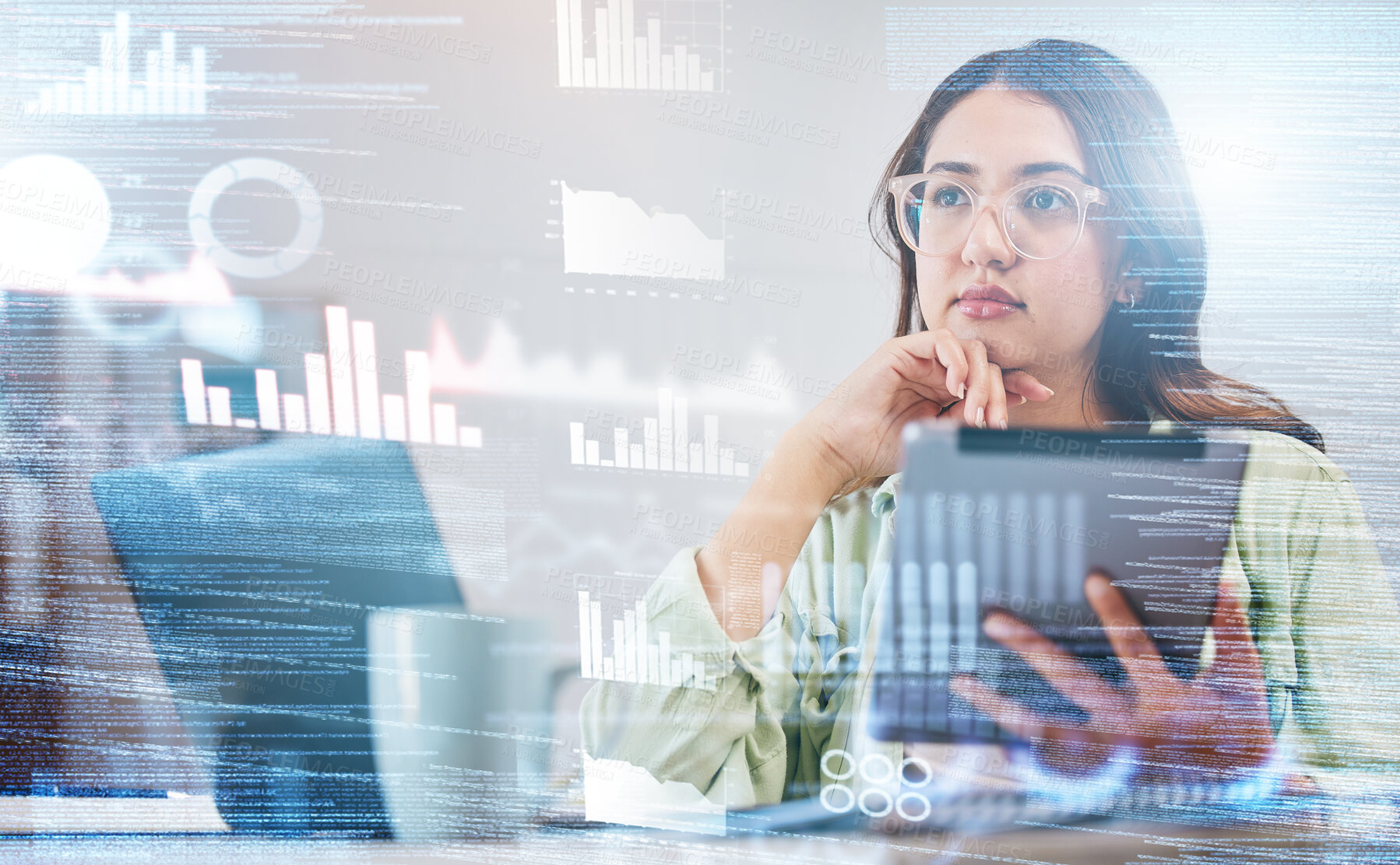 Buy stock photo Woman, thinking and overlay of data analytics, tablet and laptop for research in business management. Future technology, hologram with graphs and charts, trader at desk in office with digital info.