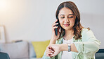 Woman, time and appointment with cellphone in home for communication or waiting. Girl, check and watch with conversation on technology for schedule before leaving house  on call with discussion.