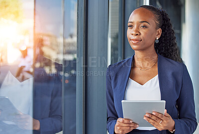 Buy stock photo Office, happy woman with tablet and thinking at window in business, smile and insight for online career. Happiness, digital work and businesswoman with ideas, planning and feedback for internet job.