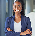 Portrait, smile and arms crossed with a business black woman standing in her professional office. Corporate, leadership and confidence with a happy female manager in the workplace for empowerment