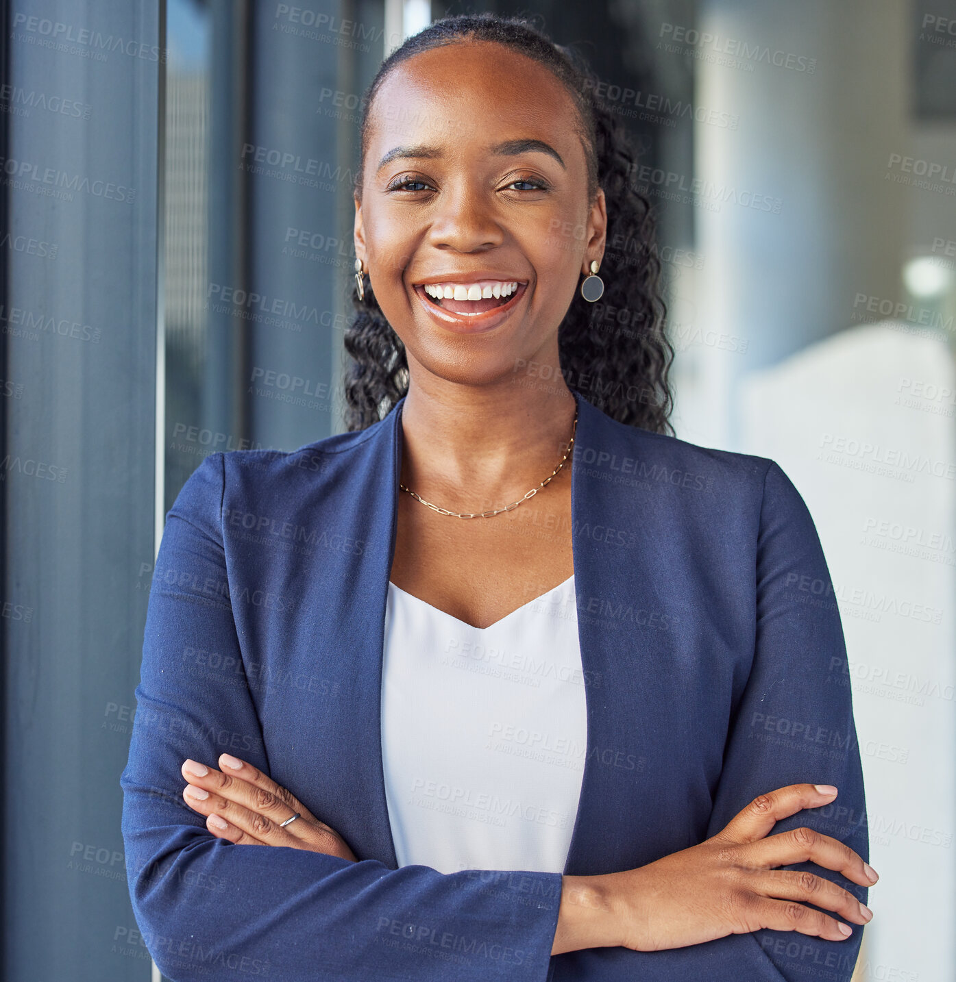 Buy stock photo Portrait, smile and arms crossed with a business black woman standing in her professional office. Corporate, leadership and confidence with a happy female manager in the workplace for empowerment