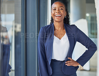 Buy stock photo Black woman, happy in portrait and business, confidence and laughing with lawyer and career success at law firm. African female attorney at office, positive and professional mindset in corporate job