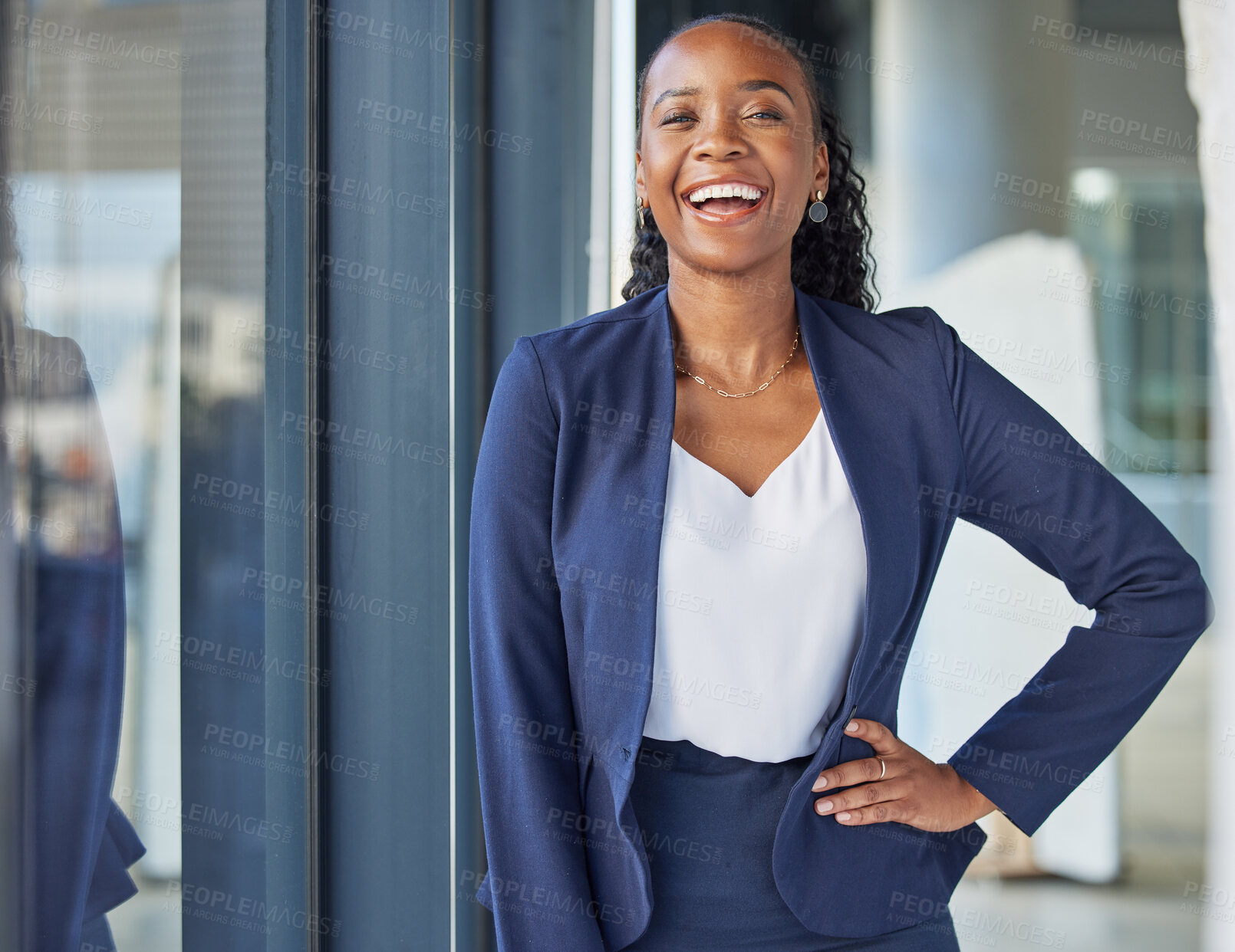 Buy stock photo Black woman, happy in portrait and business, confidence and laughing with lawyer and career success at law firm. African female attorney at office, positive and professional mindset in corporate job