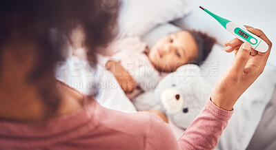 Buy stock photo Sick kid in bed, mother and thermometer for fever, cold and flu with virus, care and health. Mother, child and woman check temperature, home and support with illness, love, problem and medical issue