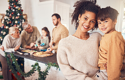 Buy stock photo Portrait, christmas and a mother with her son in the home for tradition or a festive celebration event. Family, children and woman hugging her boy child in a house during the december holiday season