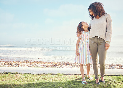 Buy stock photo Mockup, mother and child at the beach for vacation or holiday feeling happy, freedom and happiness together. Space, love and mom bonding with kid or girl as care, support and travel in summer