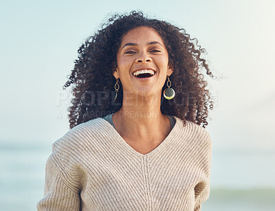 Buy stock photo Portrait, African woman and happiness at the beach or holiday, vacation and summer at the sea, ocean in Puerto Rico. Travel, freedom and smile on face for nature, adventure and blue sky mockup