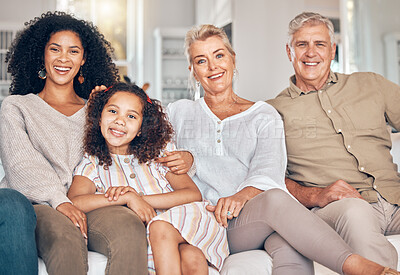 Buy stock photo Portrait, family and grandparents, kid and mother in home, bonding and relax together in living room. Interracial mom, grandpa and grandma with girl, smile and happy with care, love and quality time