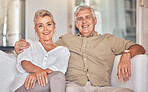 Old couple on sofa, portrait and retirement together, love and care in marriage with people at home. Relax in living room, life partner and pension, man and woman bonding with trust and commitment