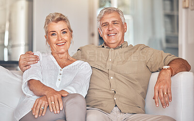 Buy stock photo Old couple on sofa, portrait and retirement together, love and care in marriage with people at home. Relax in living room, life partner and pension, man and woman bonding with trust and commitment
