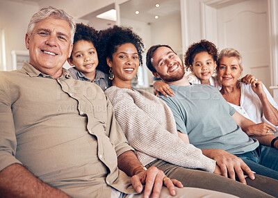 Buy stock photo Happy big family, portrait and sofa for holiday weekend, break or bonding together in relax at home. Parents, grandparents and children smile in happiness for quality time on couch in living room