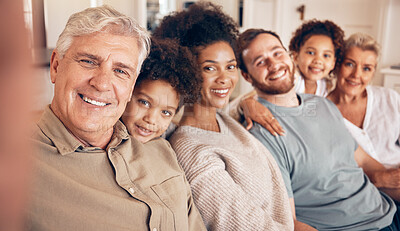 Buy stock photo Happy big family, portrait and selfie on sofa for holiday weekend, break or bonding together in relax at home. Parents, grandparents and children smile in happiness for photograph in the living room