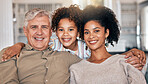 Happy, interracial and portrait of family with hug, care and love for grandfather or mother on sofa. Smile, house and a girl child with a senior man and a mom in the lounge during a visit or bonding