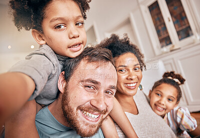 Buy stock photo Selfie, smile and piggyback with a blended family in their home together for love, fun or bonding closeup. Portrait, happy or support with parents and kids posing for a playful photograph in a house