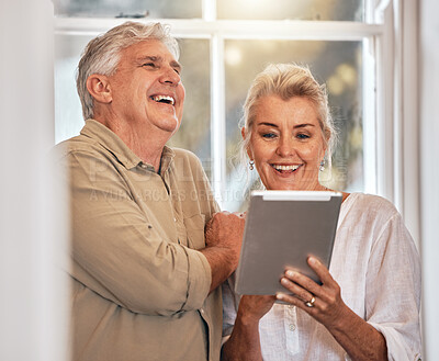 Buy stock photo Old couple, tablet and laughing at funny video, connection and retirement together, tech and happiness. Man, woman and touchscreen gadget at home, social media and communication with comedy online