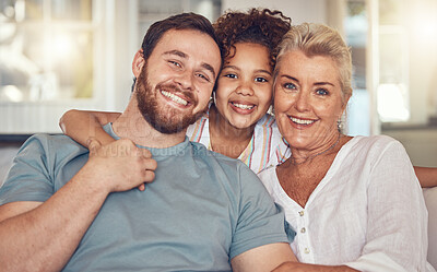 Buy stock photo Portrait, happy family and grandmother, kid and father in home, bonding and relax together in living room. Face, smile and dad, girl and grandma with care, love and interracial for adoption in house
