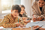Family home, children and homework with learning, portrait and mom for writing in notebook. Mother, smile and kids with paper, pencil and drawing in morning at house with help, reading or development