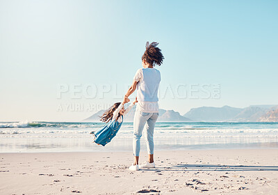 Buy stock photo Mother, spin and a child happy at the beach while on a family vacation, holiday or adventure. A young woman or mom and girl kid playing together while outdoor for summer fun and travel in nature